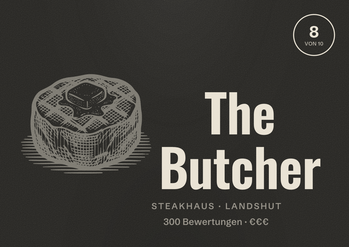 Illustriertes Poster von The Butcher, Steakhaus in Landshut: Bewertung 8 von 10 aus 300 Bewertungen, Preisniveau €€€