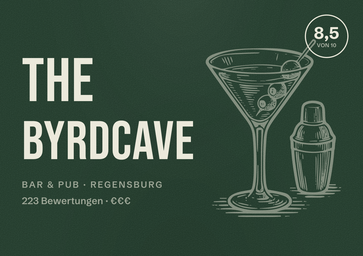 Illustriertes Poster von The BYRDCAVE, Bar & Pub in Regensburg: Bewertung 8,5 von 10 aus 223 Bewertungen, Preisniveau €€€