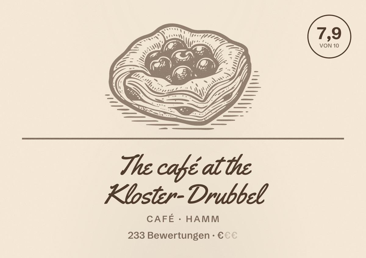 Illustriertes Poster von The café at the Kloster-Drubbel, Café in Hamm: Bewertung 7,9 von 10 aus 233 Bewertungen, Preisniveau €