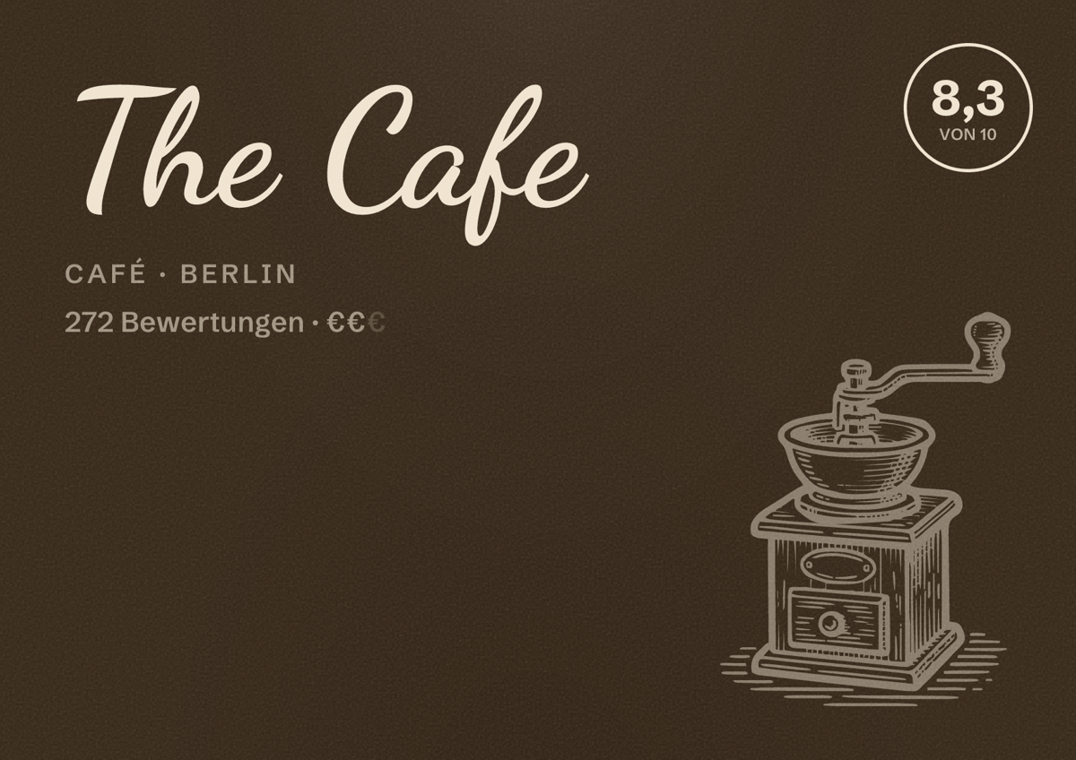 Illustriertes Poster von The Cafe, Café in Berlin: Bewertung 8,3 von 10 aus 272 Bewertungen, Preisniveau €€