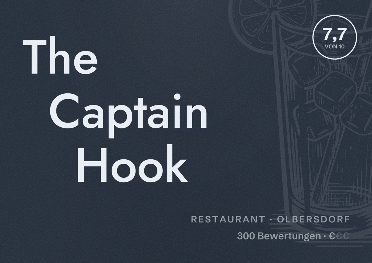 Illustriertes Poster von The Captain Hook, Restaurant in Olbersdorf: Bewertung 7,7 von 10 aus 300 Bewertungen, Preisniveau €
