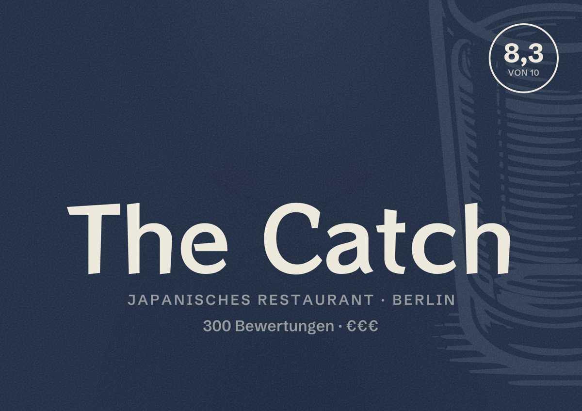 Illustriertes Poster von The Catch, Japanisches Restaurant in Berlin: Bewertung 8,3 von 10 aus 300 Bewertungen, Preisniveau €€€