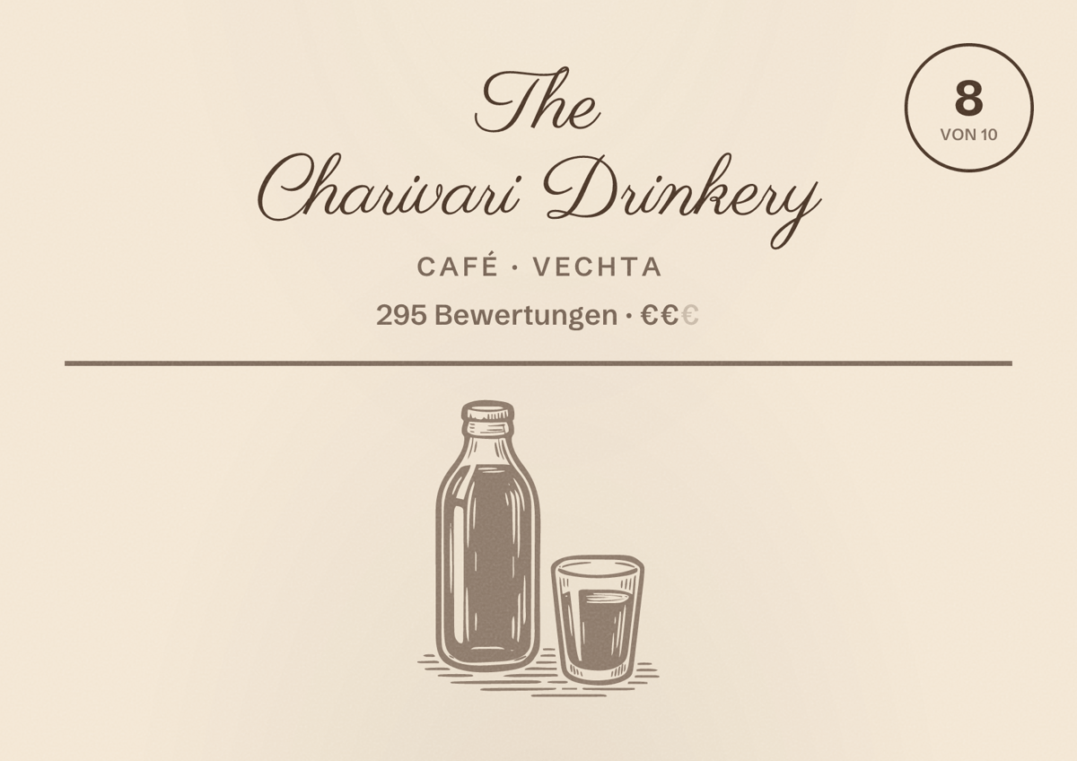 Illustriertes Poster von The Charivari Drinkery, Café in Vechta: Bewertung 8 von 10 aus 295 Bewertungen, Preisniveau €€