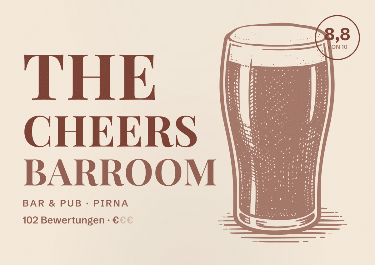 Illustriertes Poster von The Cheers Barroom, Bar & Pub in Pirna: Bewertung 8,8 von 10 aus 102 Bewertungen, Preisniveau €