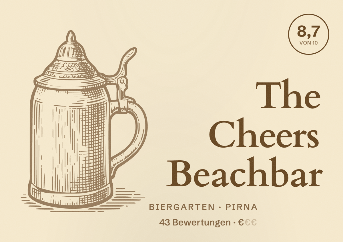 Illustriertes Poster von The Cheers Beachbar, Biergarten in Pirna: Bewertung 8,7 von 10 aus 43 Bewertungen, Preisniveau €