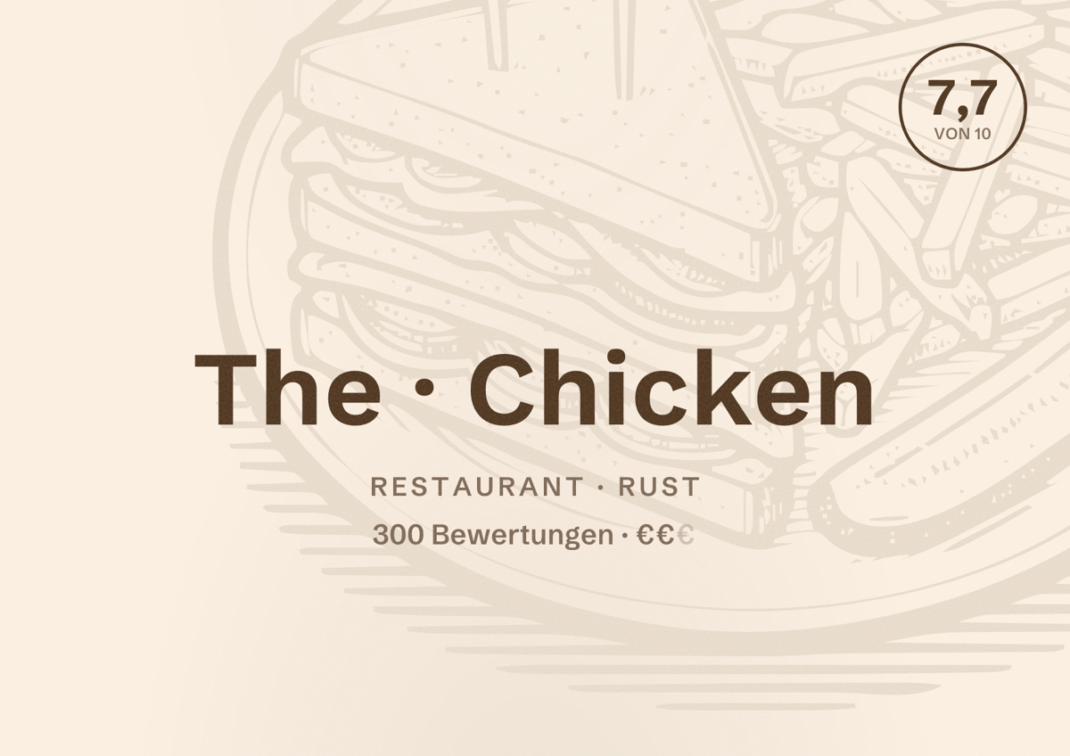 Illustriertes Poster von The Chicken, Restaurant in Rust: Bewertung 7,7 von 10 aus 300 Bewertungen, Preisniveau €€