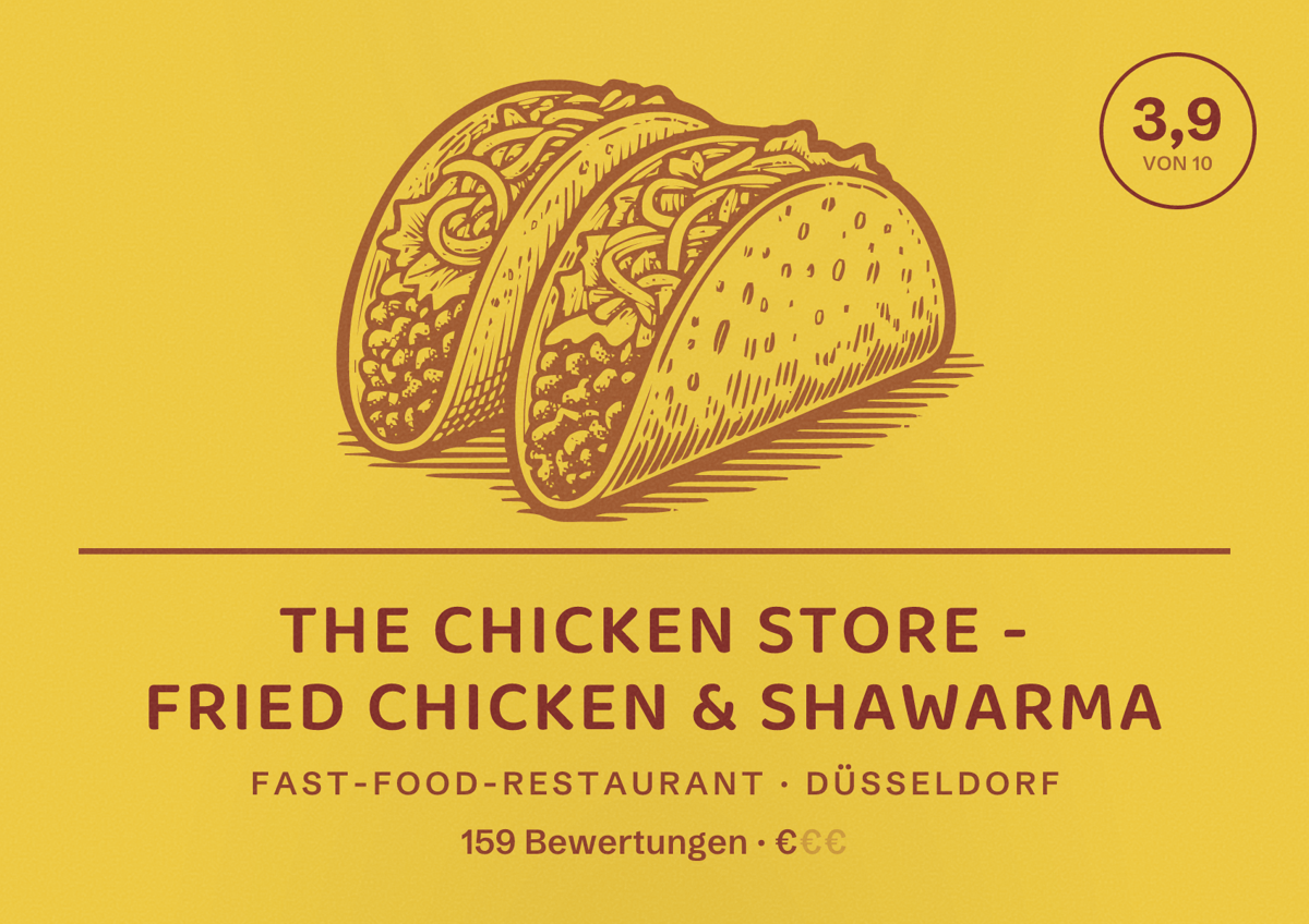 Illustriertes Poster von The Chicken Store - Fried Chicken & Shawarma, Fast-Food-Restaurant in Düsseldorf: Bewertung 3,9 von 10 aus 159 Bewertungen, Preisniveau €