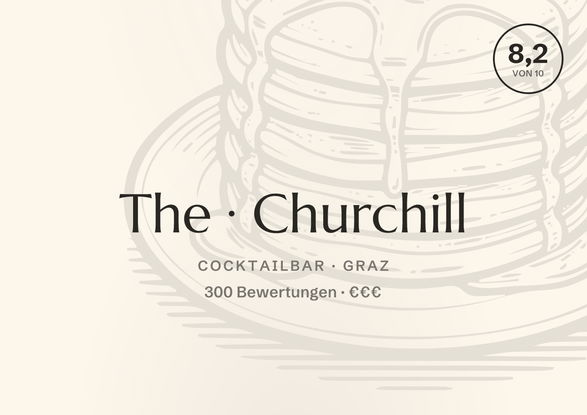 Illustriertes Poster von The Churchill, Cocktailbar in Graz: Bewertung 8,2 von 10 aus 300 Bewertungen, Preisniveau €€€