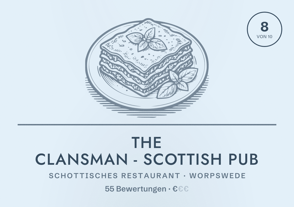 Illustriertes Poster von The Clansman - Scottish Pub, Schottisches Restaurant in Worpswede: Bewertung 8 von 10 aus 55 Bewertungen, Preisniveau €