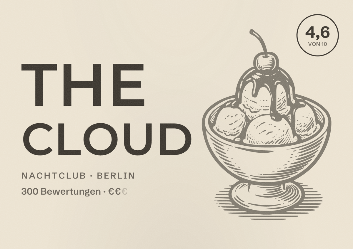 Illustriertes Poster von The Cloud, Nachtclub in Berlin: Bewertung 4,6 von 10 aus 300 Bewertungen, Preisniveau €€