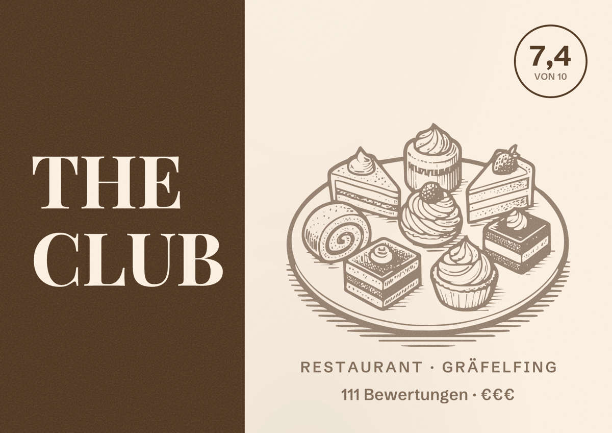 Illustriertes Poster von THE CLUB, Restaurant in Gräfelfing: Bewertung 7,4 von 10 aus 111 Bewertungen, Preisniveau €€€