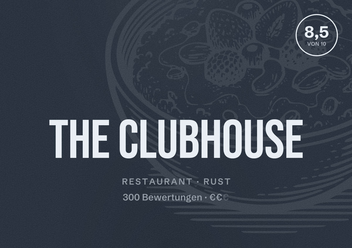 Illustriertes Poster von The Clubhouse, Restaurant in Rust: Bewertung 8,5 von 10 aus 300 Bewertungen, Preisniveau €€