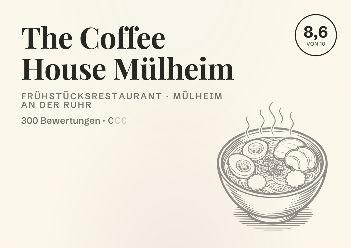 Illustriertes Poster von The Coffee House Mülheim, Frühstücksrestaurant in Mülheim an der Ruhr: Bewertung 8,6 von 10 aus 300 Bewertungen, Preisniveau €