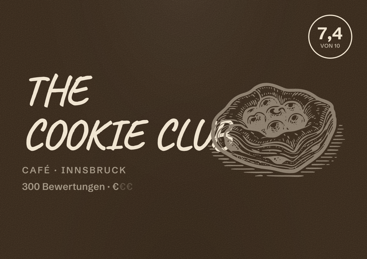 Illustriertes Poster von THE COOKIE CLUB, Café in Innsbruck: Bewertung 7,4 von 10 aus 300 Bewertungen, Preisniveau €