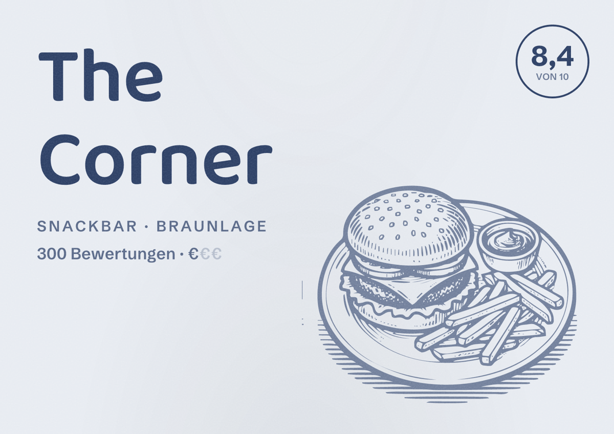 Illustriertes Poster von The Corner, Snackbar in Braunlage: Bewertung 8,4 von 10 aus 300 Bewertungen, Preisniveau €