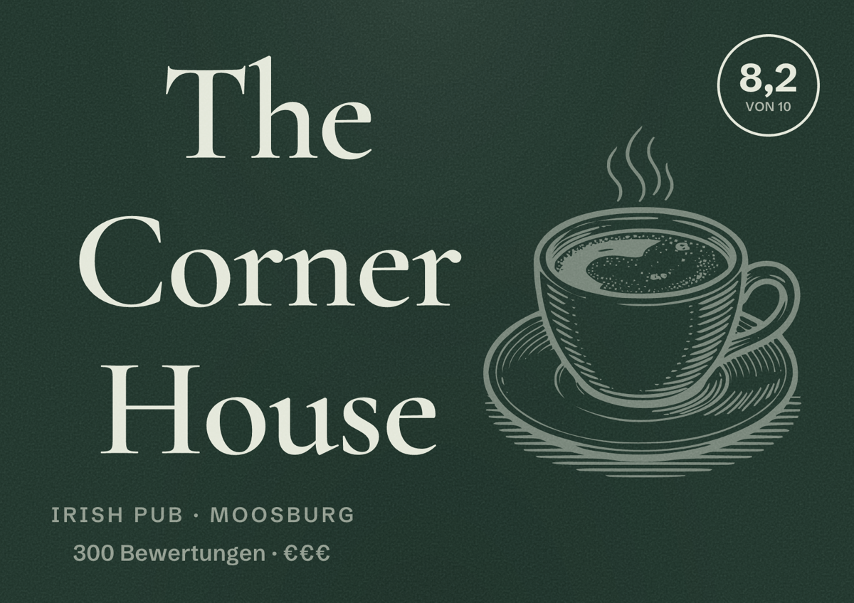 Illustriertes Poster von The Corner House, Irish Pub in Moosburg: Bewertung 8,2 von 10 aus 300 Bewertungen, Preisniveau €€€