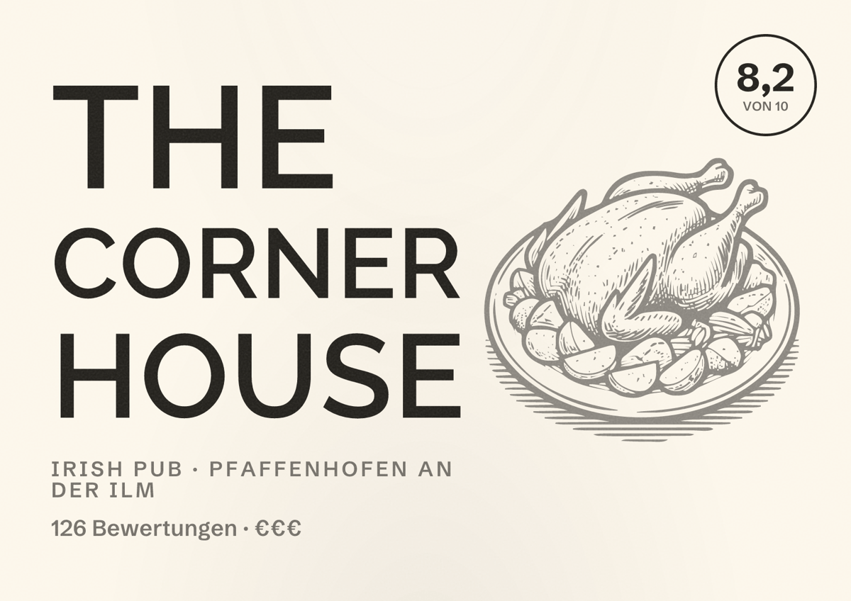 Illustriertes Poster von The Corner House, Irish Pub in Pfaffenhofen an der Ilm: Bewertung 8,2 von 10 aus 126 Bewertungen, Preisniveau €€€