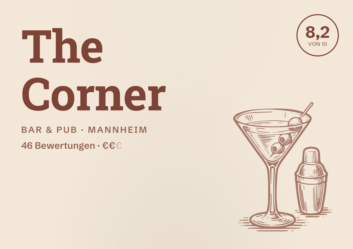 Illustriertes Poster von The Corner, Bar & Pub in Mannheim: Bewertung 8,2 von 10 aus 46 Bewertungen, Preisniveau €€