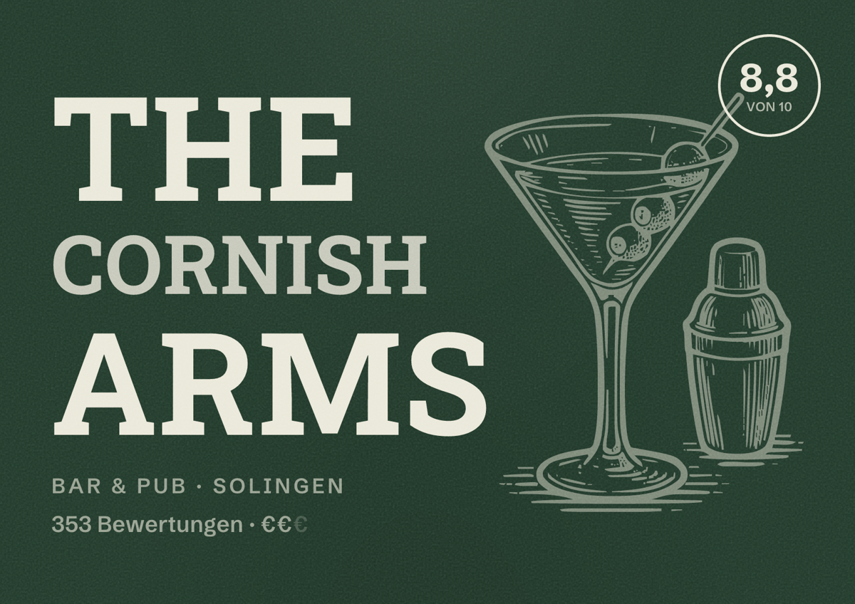 Illustriertes Poster von The Cornish Arms, Bar & Pub in Solingen: Gästebewertung 8,8 von 10 aus 353 Bewertungen