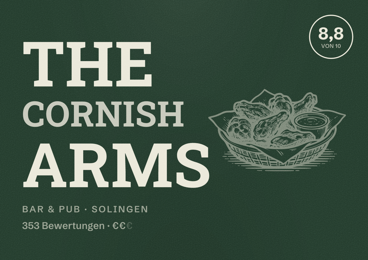 Illustriertes Poster von The Cornish Arms, Bar & Pub in Solingen: Bewertung 8,8 von 10 aus 353 Bewertungen, Preisniveau €€