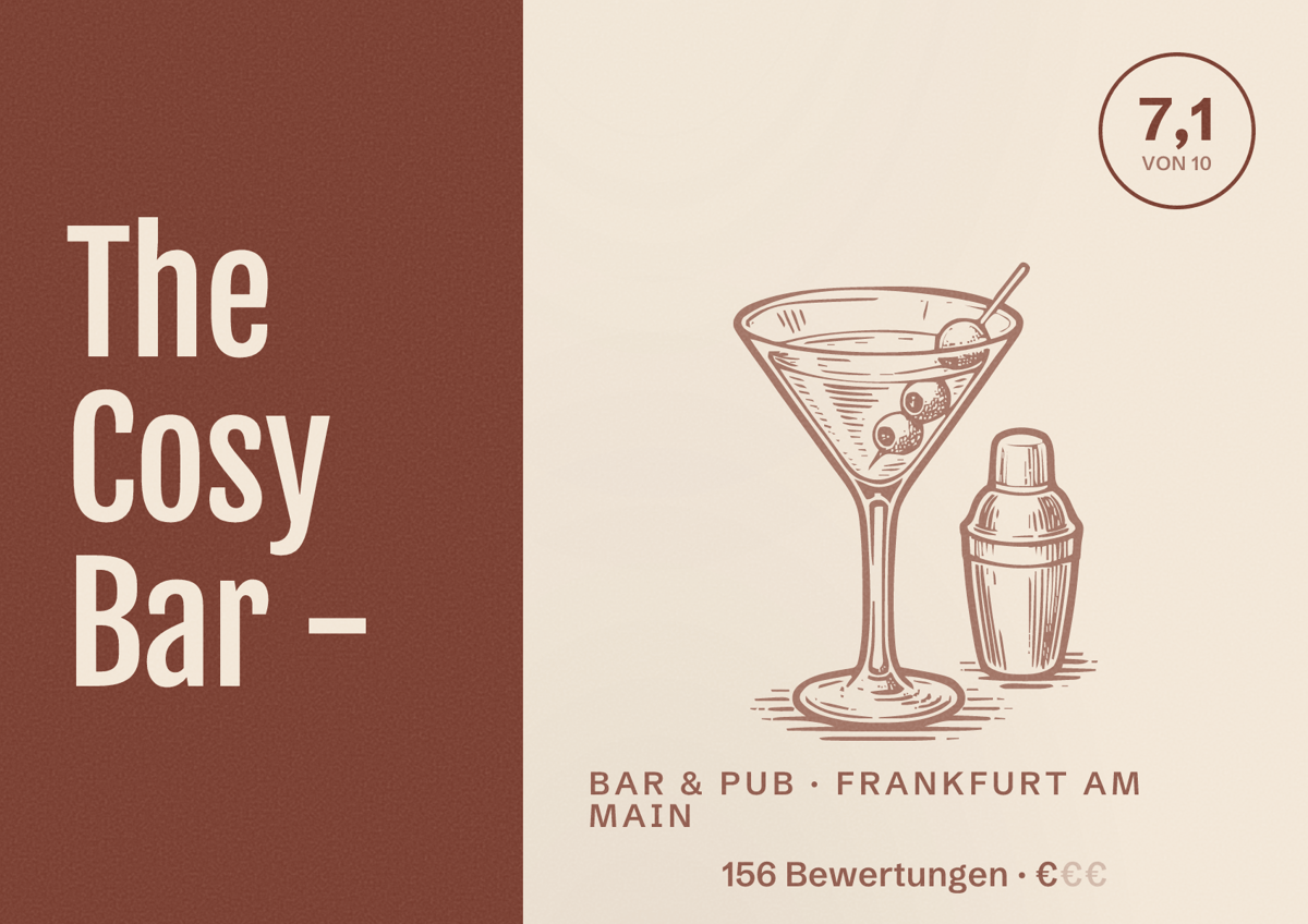 Illustriertes Poster von The Cosy Bar -, Bar & Pub in Frankfurt am Main: Bewertung 7,1 von 10 aus 156 Bewertungen, Preisniveau €