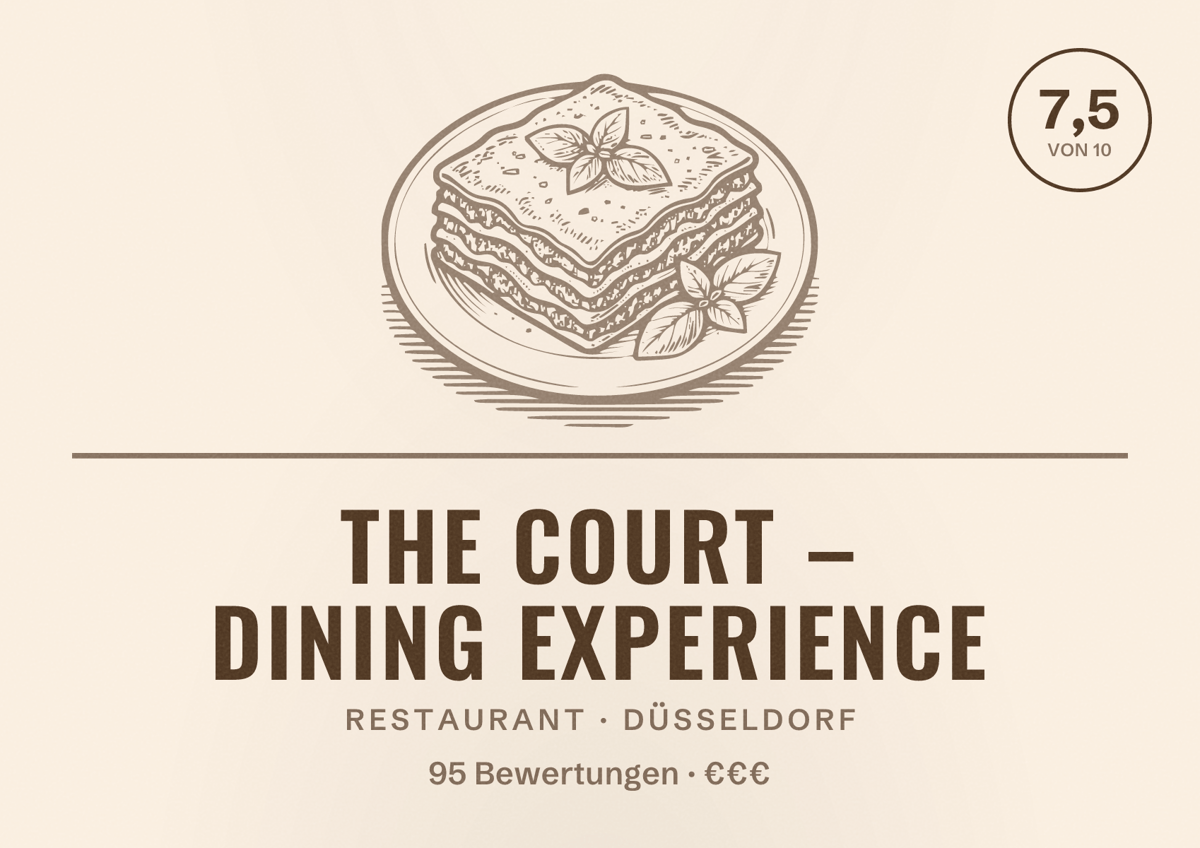 Illustriertes Poster von The Court – Dining Experience, Restaurant in Düsseldorf: Bewertung 7,5 von 10 aus 95 Bewertungen, Preisniveau €€€
