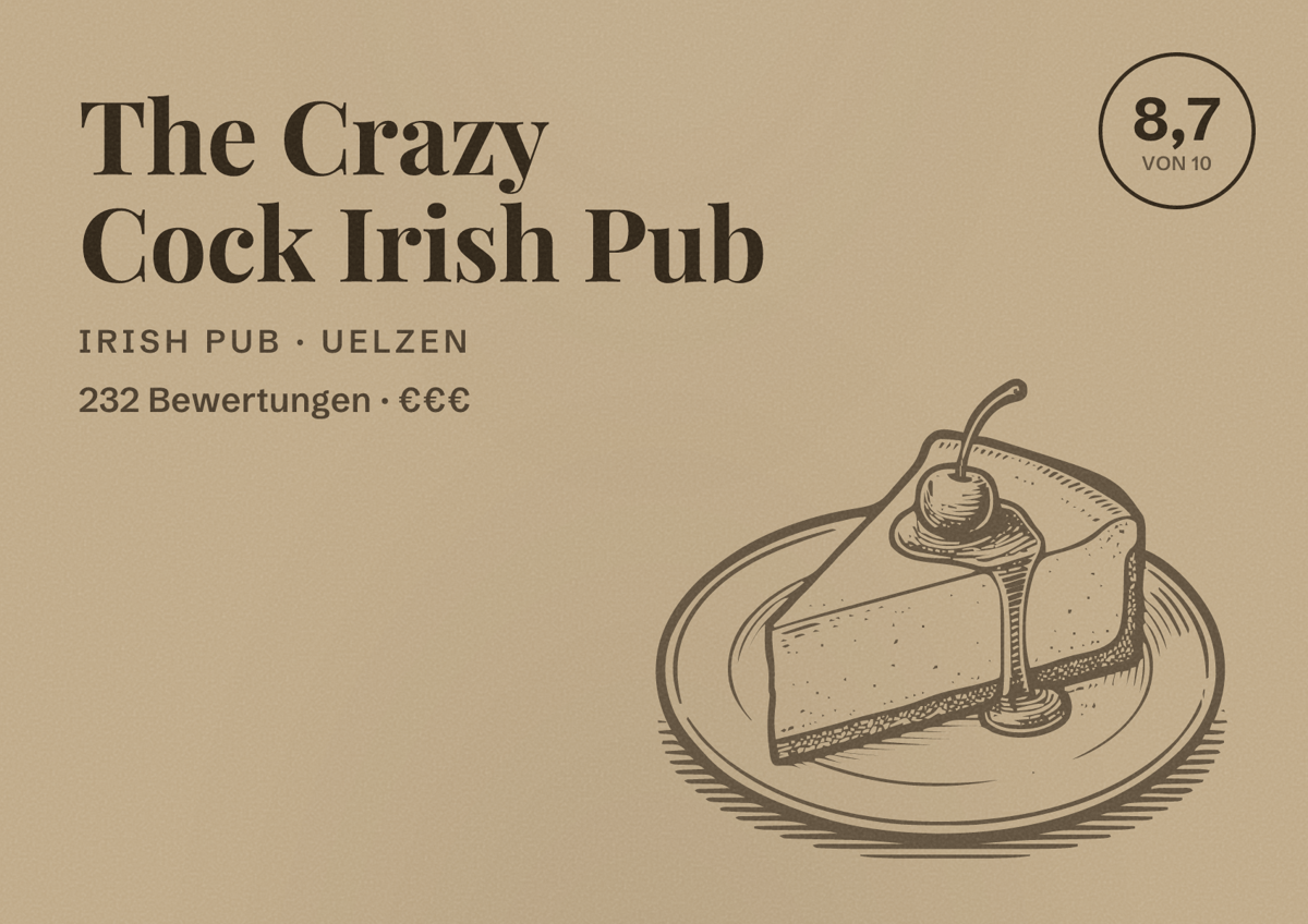Illustriertes Poster von The Crazy Cock Irish Pub, Irish Pub in Uelzen: Bewertung 8,7 von 10 aus 232 Bewertungen, Preisniveau €€€