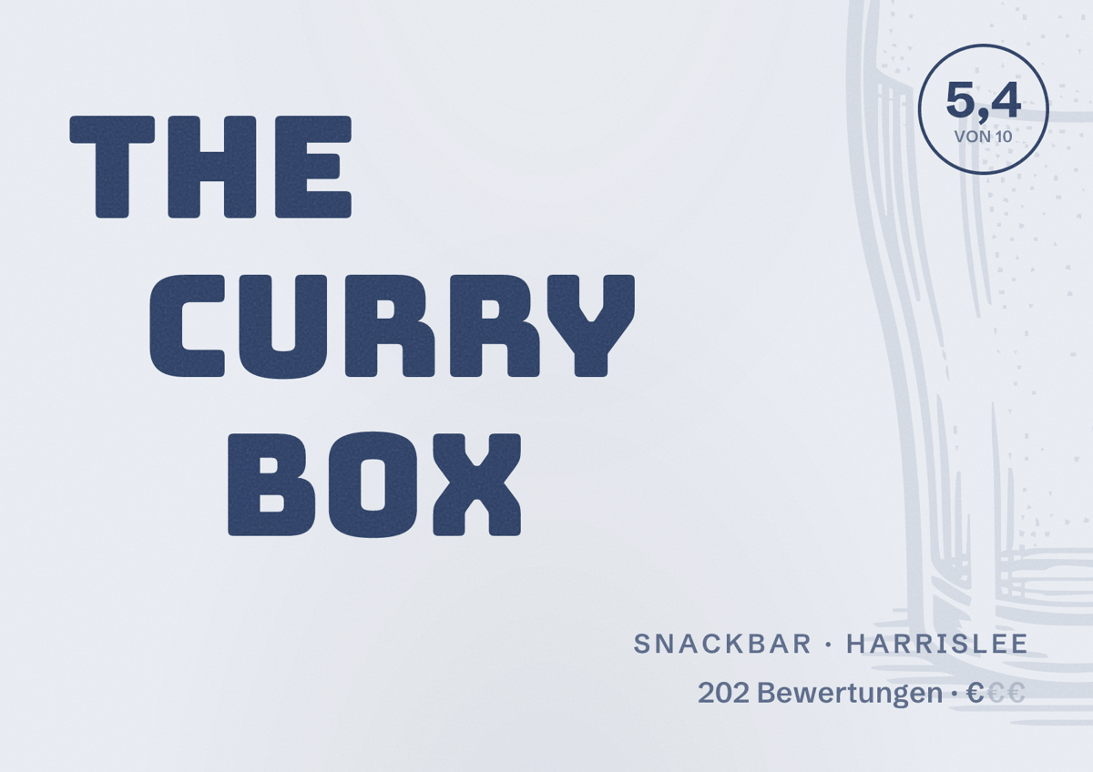 Illustriertes Poster von The Curry Box, Snackbar in Harrislee: Bewertung 5,4 von 10 aus 202 Bewertungen, Preisniveau €