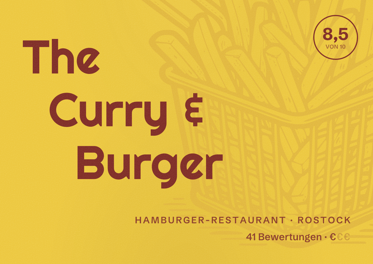 Illustriertes Poster von The Curry & Burger, Hamburger-Restaurant in Rostock: Bewertung 8,5 von 10 aus 41 Bewertungen, Preisniveau €