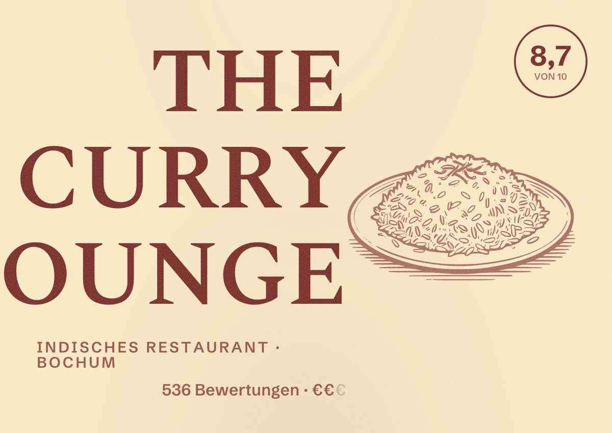 Illustriertes Poster von THE CURRY LOUNGE, Indisches Restaurant in Bochum: Bewertung 8,7 von 10 aus 536 Bewertungen, Preisniveau €€
