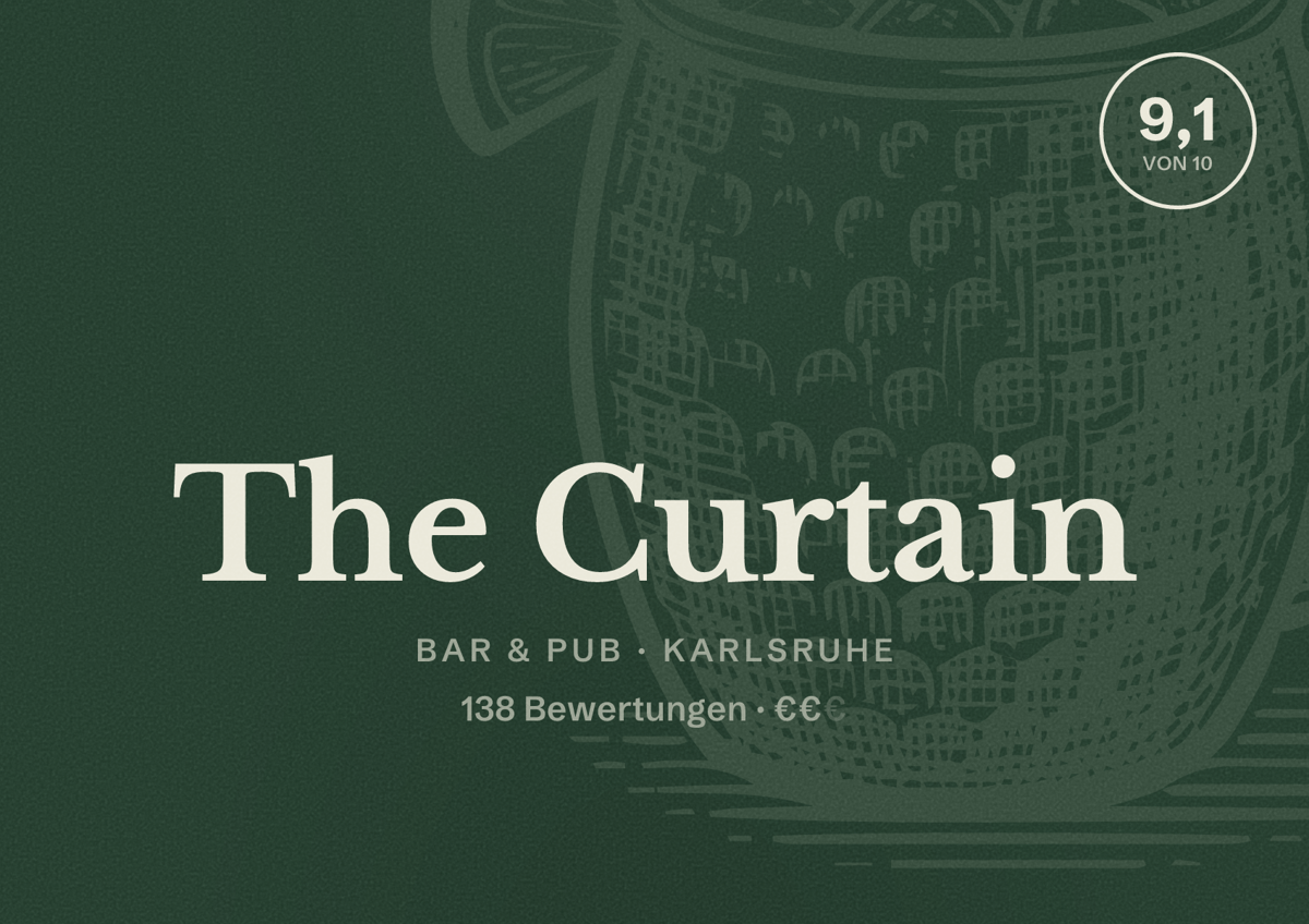 Illustriertes Poster von The Curtain, Bar & Pub in Karlsruhe: Bewertung 9,1 von 10 aus 138 Bewertungen, Preisniveau €€