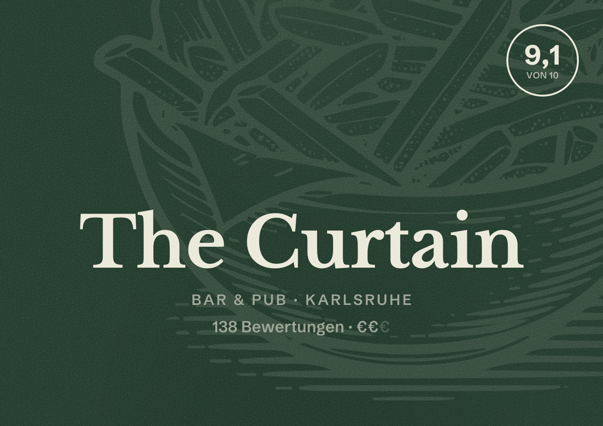 Illustriertes Poster von The Curtain, Bar & Pub in Karlsruhe: Bewertung 9,1 von 10 aus 138 Bewertungen, Preisniveau €€