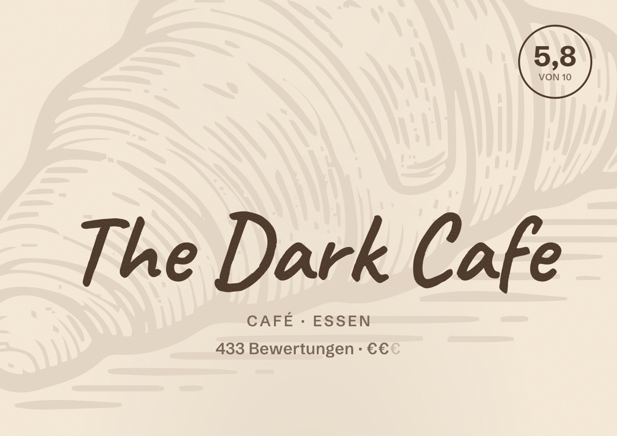 Illustriertes Poster von The Dark Cafe, Café in Essen: Bewertung 5,8 von 10 aus 433 Bewertungen, Preisniveau €€