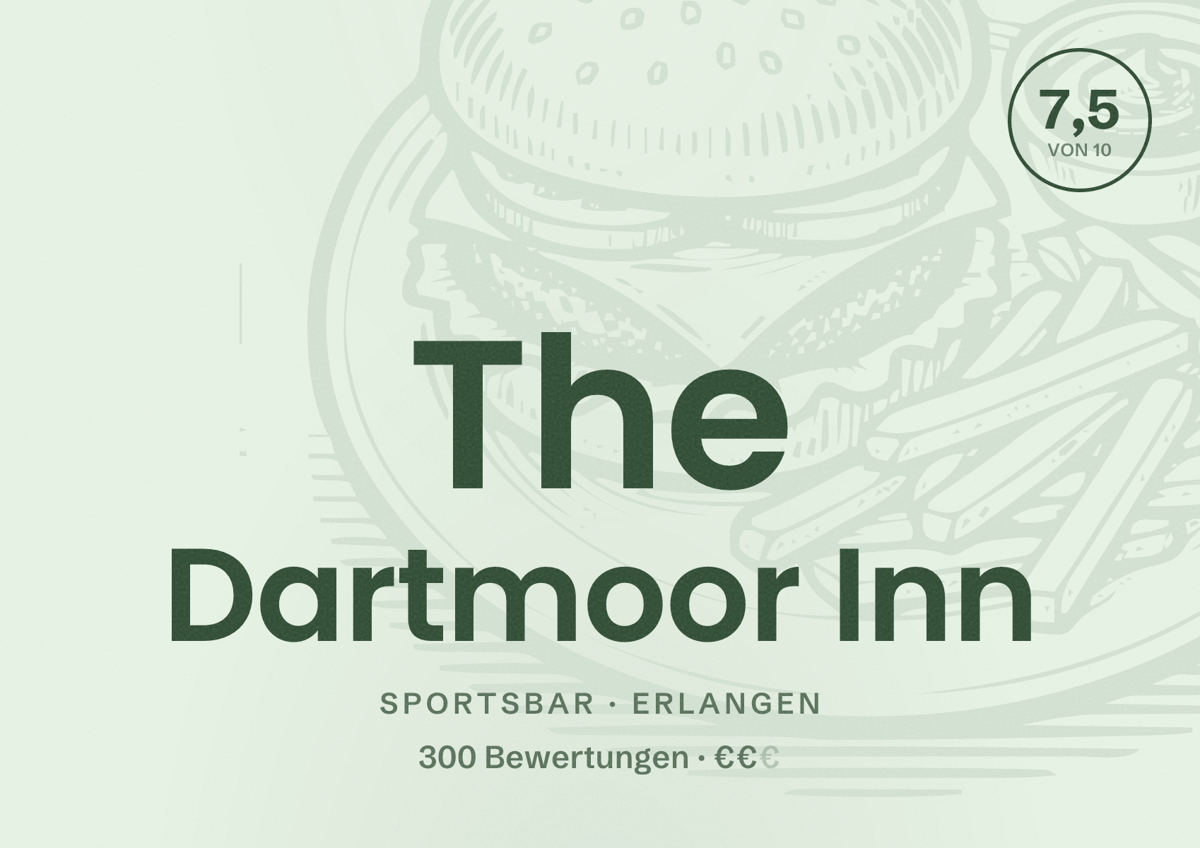 Illustriertes Poster von The Dartmoor Inn, Sportsbar in Erlangen: Bewertung 7,5 von 10 aus 300 Bewertungen, Preisniveau €€