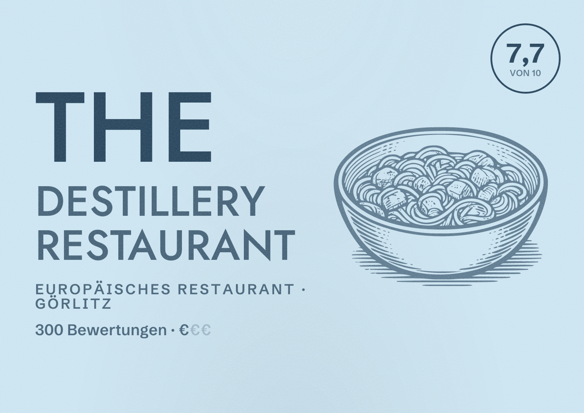 Illustriertes Poster von The Destillery Restaurant, Europäisches Restaurant in Görlitz: Bewertung 7,7 von 10 aus 300 Bewertungen, Preisniveau €