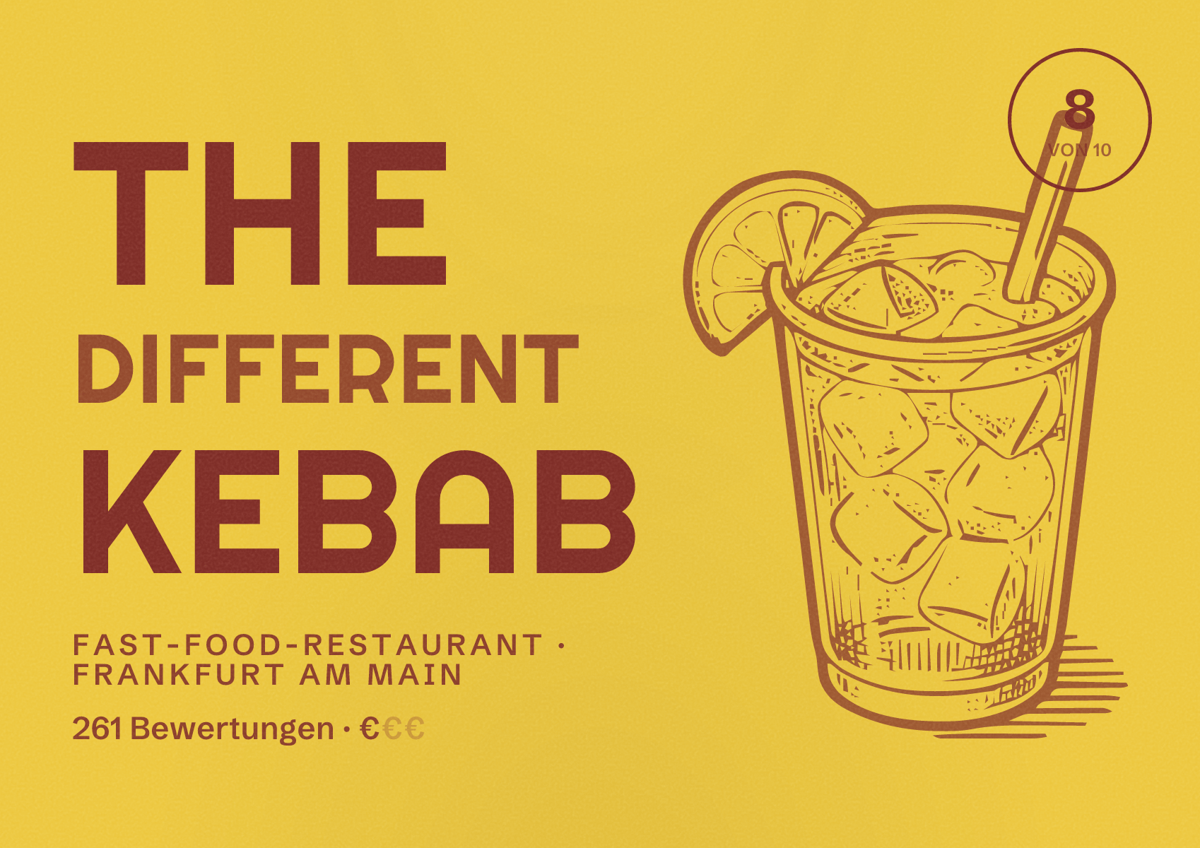 Illustriertes Poster von THE DIFFERENT KEBAB, Fast-Food-Restaurant in Frankfurt am Main: Bewertung 8,0 von 10 aus 261 Bewertungen, Preisniveau €