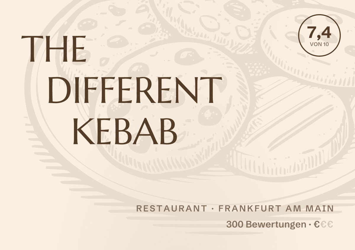 Illustriertes Poster von THE DIFFERENT KEBAB, Restaurant in Frankfurt am Main: Bewertung 7,4 von 10 aus 300 Bewertungen, Preisniveau €