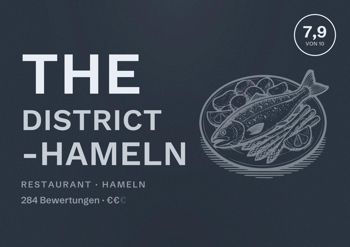 Illustriertes Poster von The District -Hameln, Restaurant in Hameln: Bewertung 7,9 von 10 aus 284 Bewertungen, Preisniveau €€