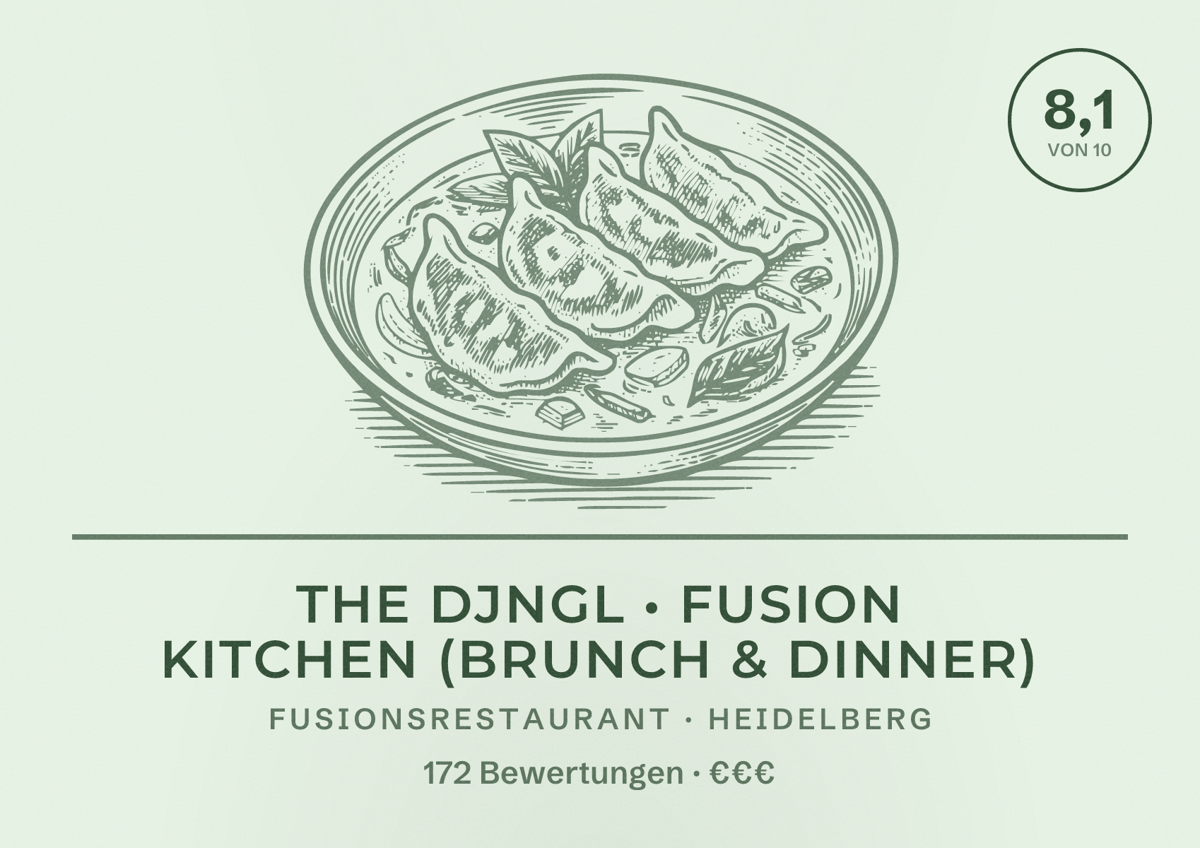 Illustriertes Poster von The DJNGL • Fusion Kitchen (Brunch & Dinner), Fusionsrestaurant in Heidelberg: Bewertung 8,1 von 10 aus 172 Bewertungen, Preisniveau €€€