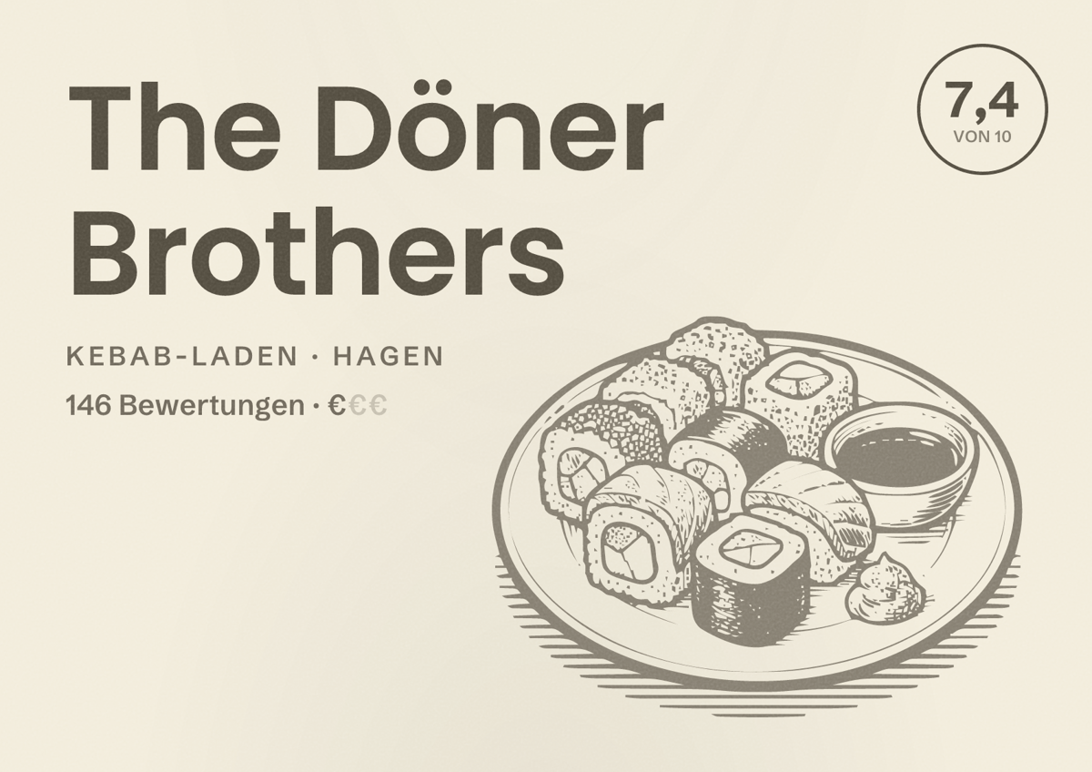Illustriertes Poster von The Döner Brothers, Kebab-Laden in Hagen: Bewertung 7,4 von 10 aus 146 Bewertungen, Preisniveau €