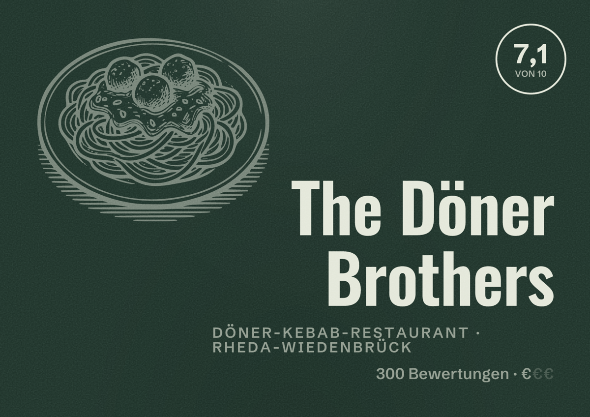 Illustriertes Poster von The Döner Brothers, Döner-Kebab-Restaurant in Rheda-Wiedenbrück: Bewertung 7,1 von 10 aus 300 Bewertungen, Preisniveau €