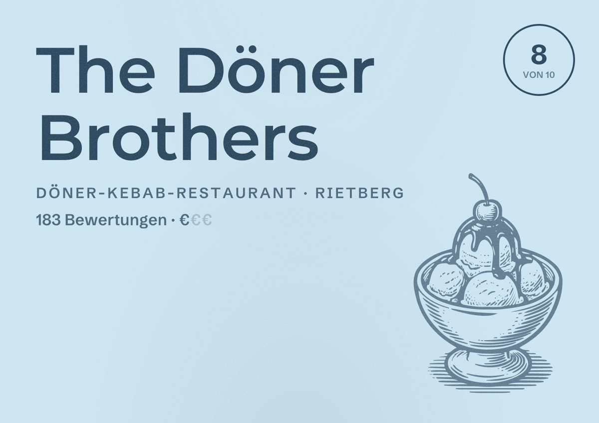 Illustriertes Poster von The Döner Brothers, Döner-Kebab-Restaurant in Rietberg: Bewertung 8 von 10 aus 183 Bewertungen, Preisniveau €