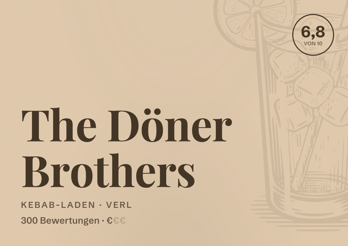 Illustriertes Poster von The Döner Brothers, Kebab-Laden in Verl: Bewertung 6,8 von 10 aus 300 Bewertungen, Preisniveau €