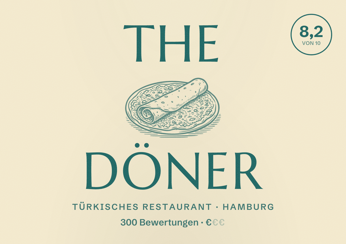 Illustriertes Poster von The Döner, Türkisches Restaurant in Hamburg: Bewertung 8,2 von 10 aus 300 Bewertungen, Preisniveau €
