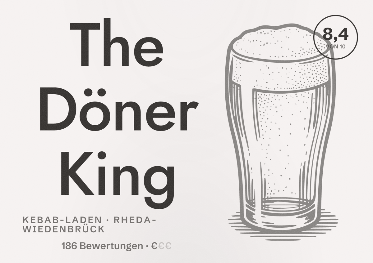 Illustriertes Poster von The Döner King, Kebab-Laden in Rheda-Wiedenbrück: Bewertung 8,4 von 10 aus 186 Bewertungen, Preisniveau €