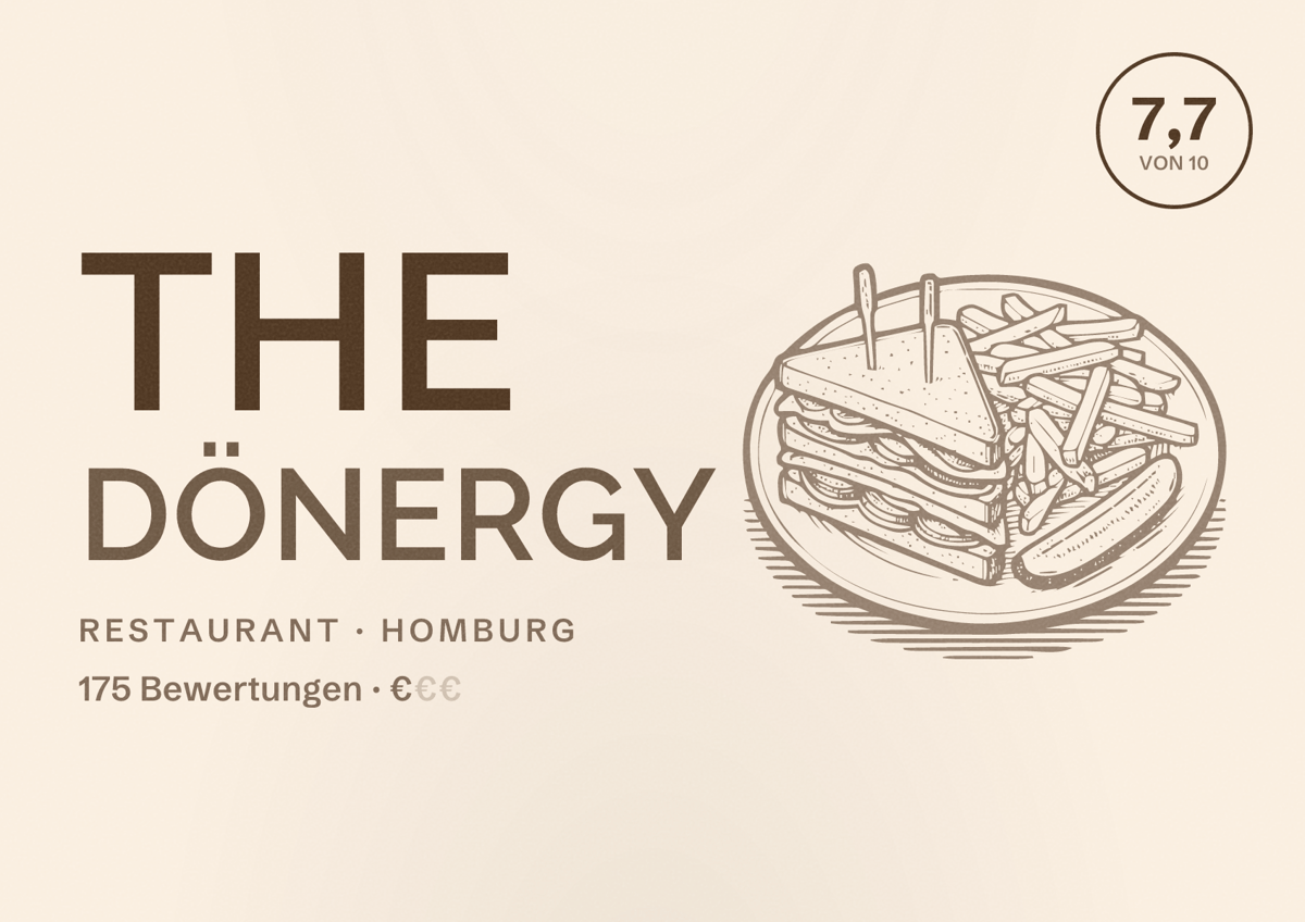 Illustriertes Poster von The Dönergy, Restaurant in Homburg: Bewertung 7,7 von 10 aus 175 Bewertungen, Preisniveau €