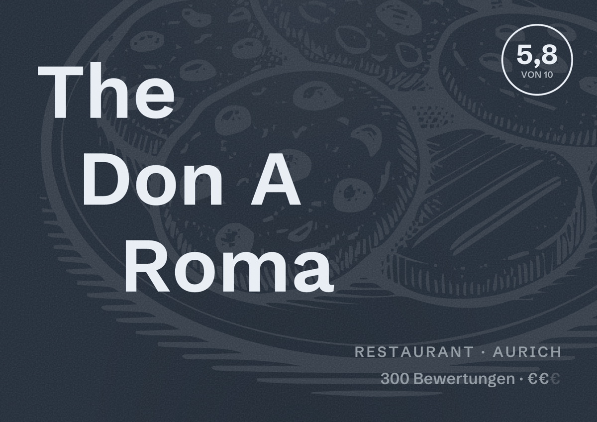 Illustriertes Poster von The Don A Roma, Restaurant in Aurich: Bewertung 5,8 von 10 aus 300 Bewertungen, Preisniveau €€