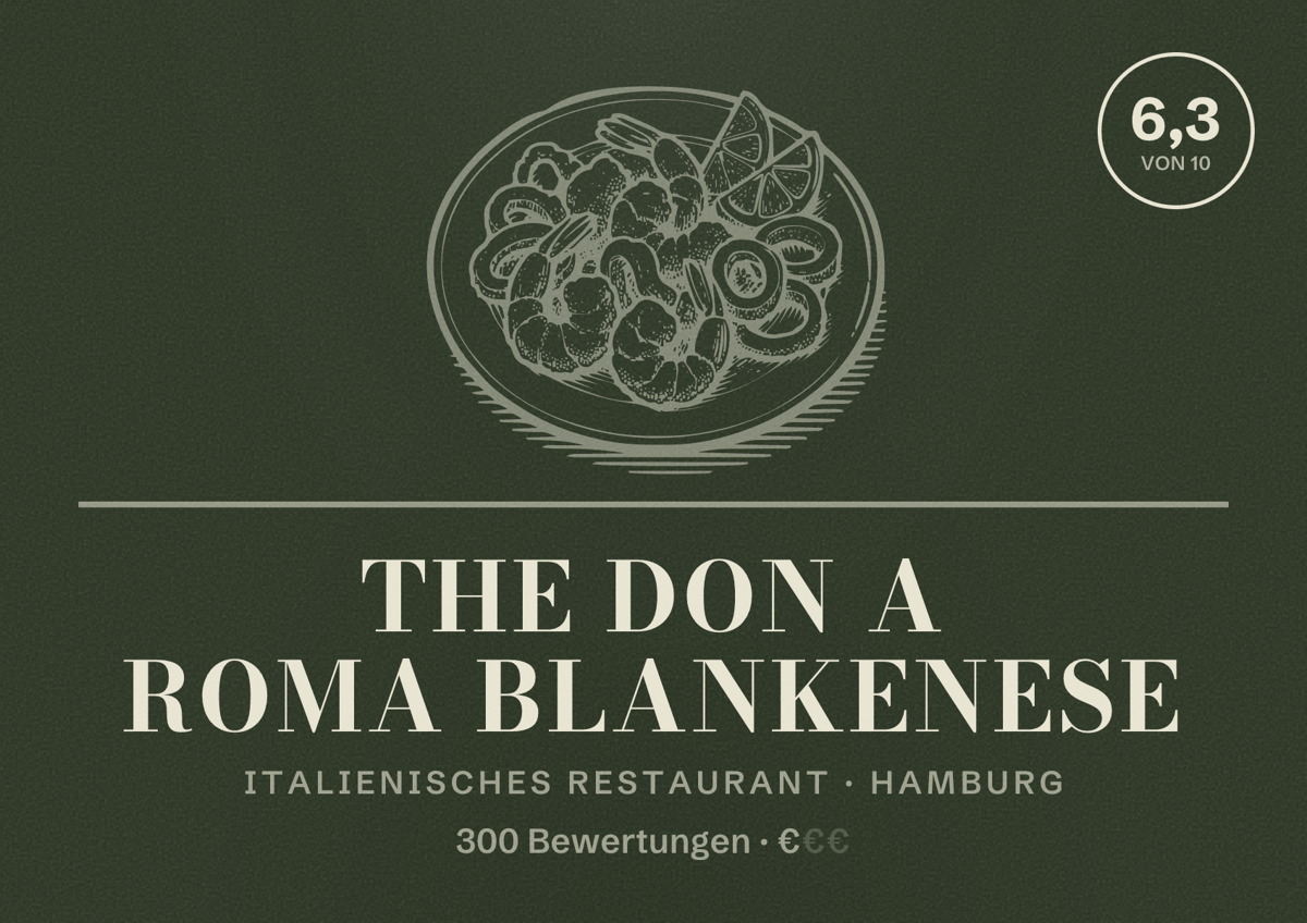 Illustriertes Poster von The Don A Roma Blankenese, Italienisches Restaurant in Hamburg: Bewertung 6,3 von 10 aus 300 Bewertungen, Preisniveau €