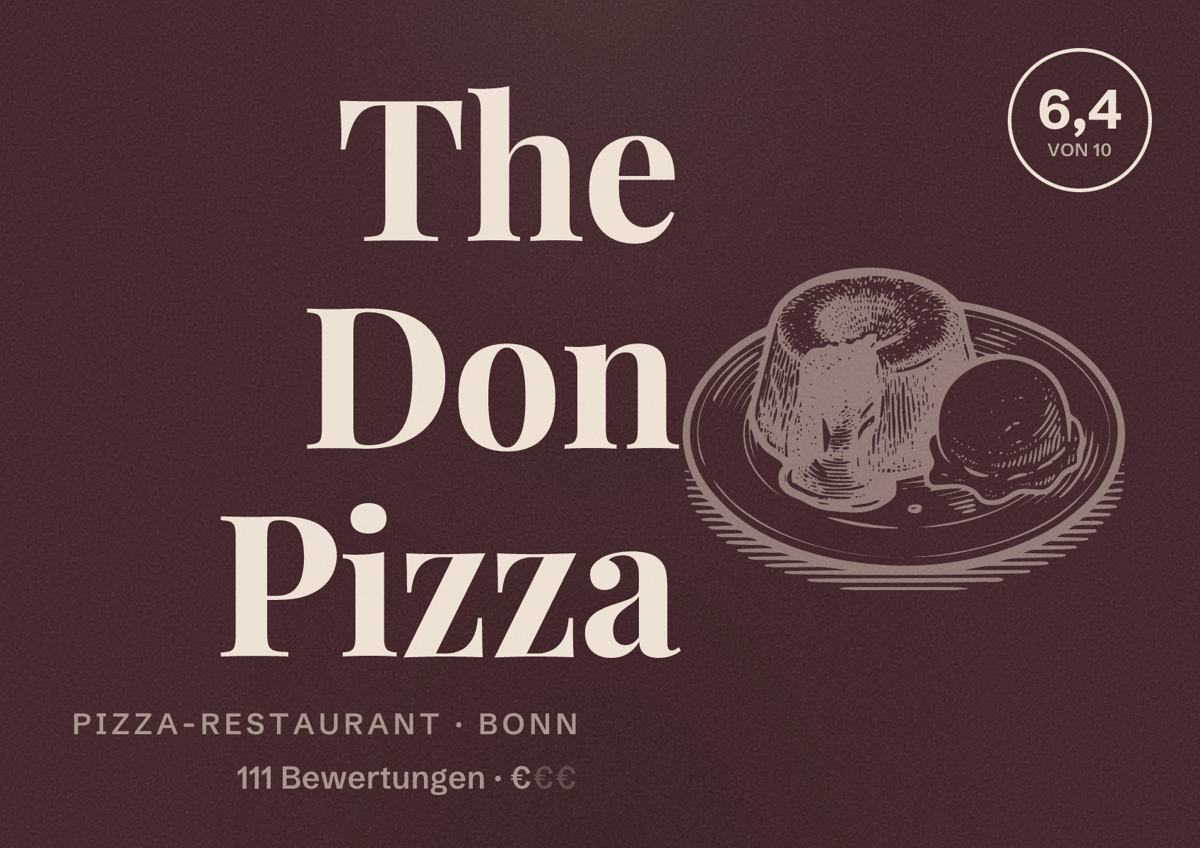 Illustriertes Poster von The Don Pizza, Pizza-Restaurant in Bonn: Bewertung 6,4 von 10 aus 111 Bewertungen, Preisniveau €