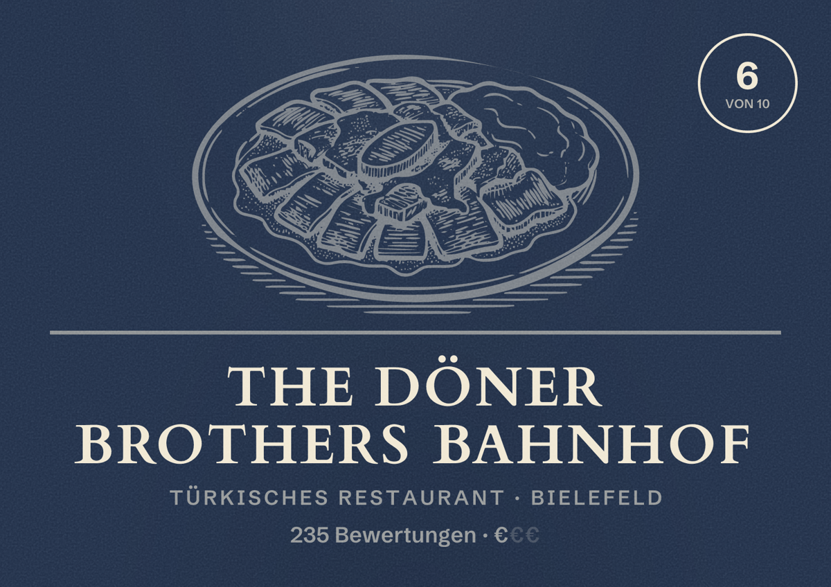 Illustriertes Poster von The Döner Brothers Bahnhof, Türkisches Restaurant in Bielefeld: Bewertung 6 von 10 aus 235 Bewertungen, Preisniveau €